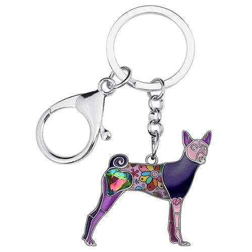 WEVENI Enamel Alloy Rhinestone Floral Basenji Dogs Keychains Fashion Pets Bag Key Chain Ring Jewelry For Women Girls Unique Gift