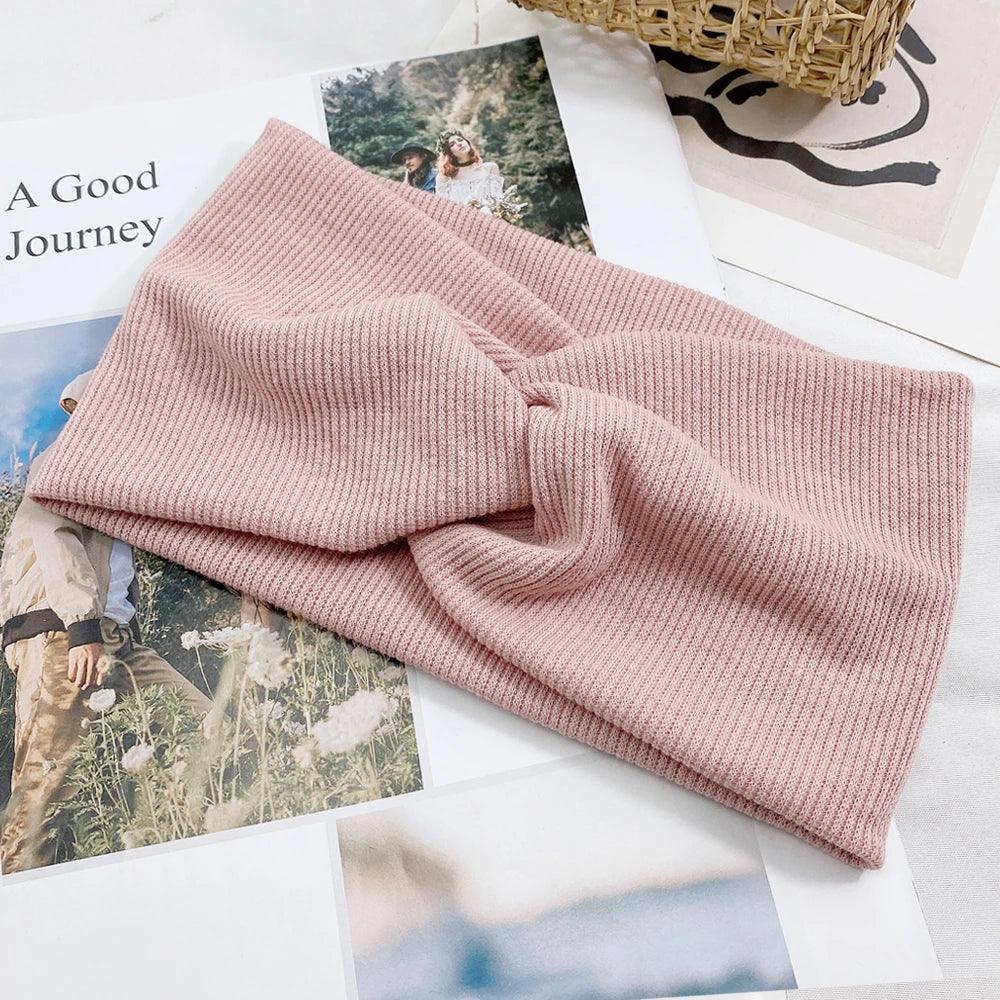 Women Headband Solid Color Wide Turban Twist Knitted Cotton Hairband  Hair Accessories Twisted Knotted Headwrap