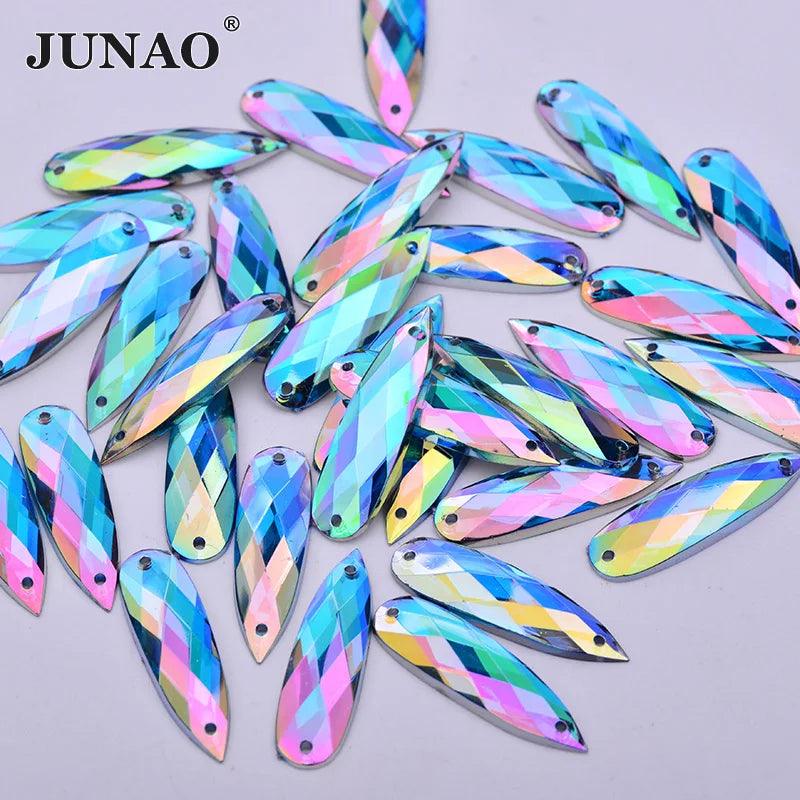 JUNAO 30pc 8*28mm Sewing Blue AB Drops Rhinestone Applique Flat Back Gems Sew On Acrylic Stone Strass Crystal Needlework Crafts