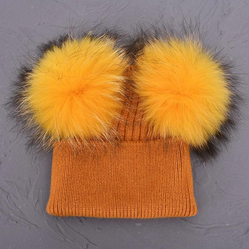 Double Real Raccoon Fur Pompom Hat Women Winter Caps Knitted Wool Hats Skullies Beanies Girls Female Two Fur Pom Pom Beanie Hat