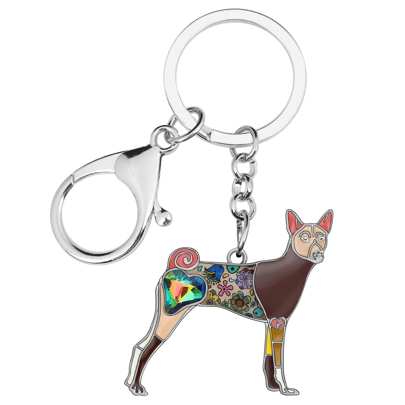 WEVENI Enamel Alloy Rhinestone Floral Basenji Dogs Keychains Fashion Pets Bag Key Chain Ring Jewelry For Women Girls Unique Gift