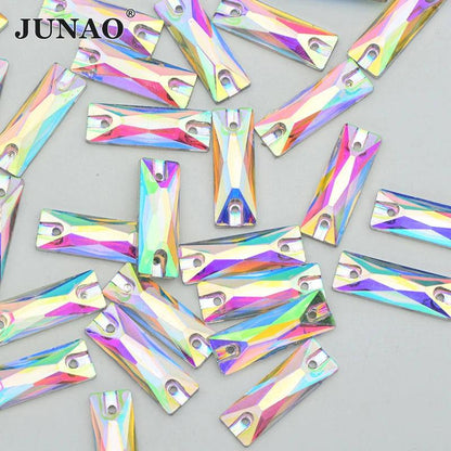 JUNAO 50pcs 7*21mm Sewing Crystal AB Rectangle Rhinestone Applique Flat Back Gems Acrylic Stone Sewn Crystal Strass for Needwork