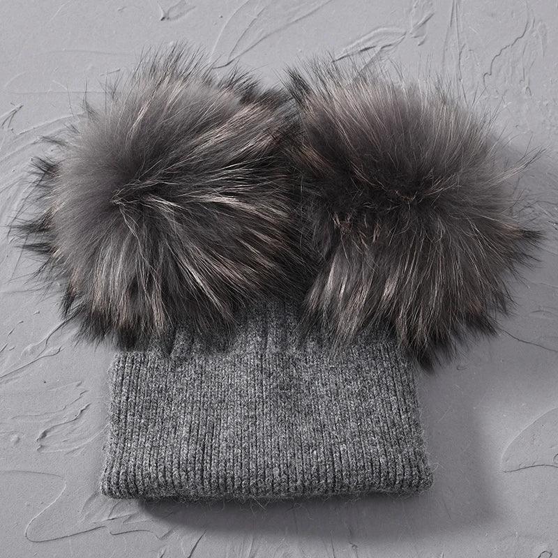 Double Real Raccoon Fur Pompom Hat Women Winter Caps Knitted Wool Hats Skullies Beanies Girls Female Two Fur Pom Pom Beanie Hat