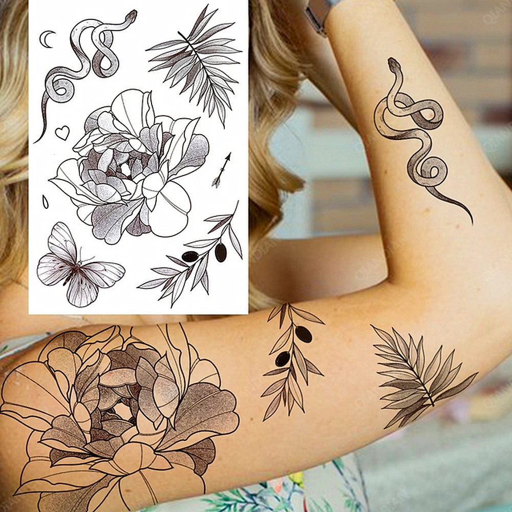 Black Flower Rose Waterproof Temporary Bird Snake Sexy Body Arm Leg Gem Henna Tattoo Fashion Big Fake Sleeve Sticker