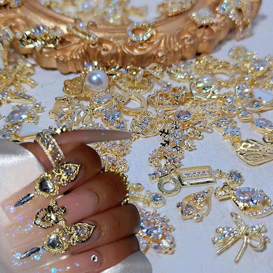 50PCS/Lot Metal Zircon Nail Charms Elegant Shapes Rhinestones Decoration With Gold Alloy Mix Styles Crystals Gem Nail Supply