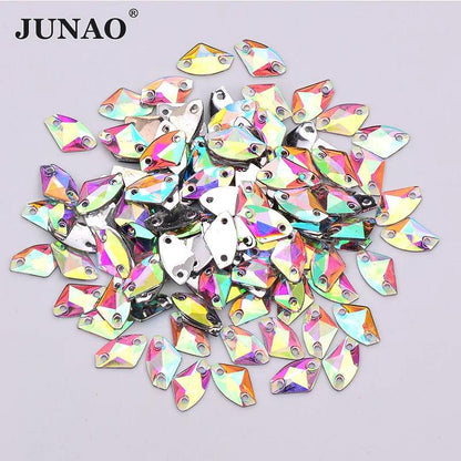 JUNAO 50pcs 7*21mm Sewing Crystal AB Rectangle Rhinestone Applique Flat Back Gems Acrylic Stone Sewn Crystal Strass for Needwork