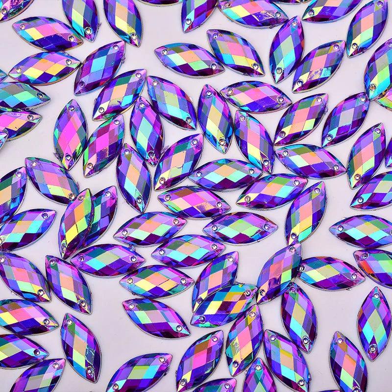 JUNAO 500pcs 7x15mm Glitter Red AB Crystal Rhinestones Acrylic Strass Sew On Flat Back Gems Horse Eye Stones for Dress Crafts