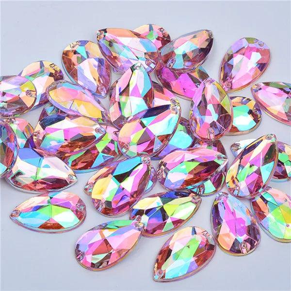 JUNAO 100pcs 17*28mm Sewing Red AB Teardrop Crystal Rhinestone Sew On Stones Flatback Acrylic Gems For Wedding Dress Decoration