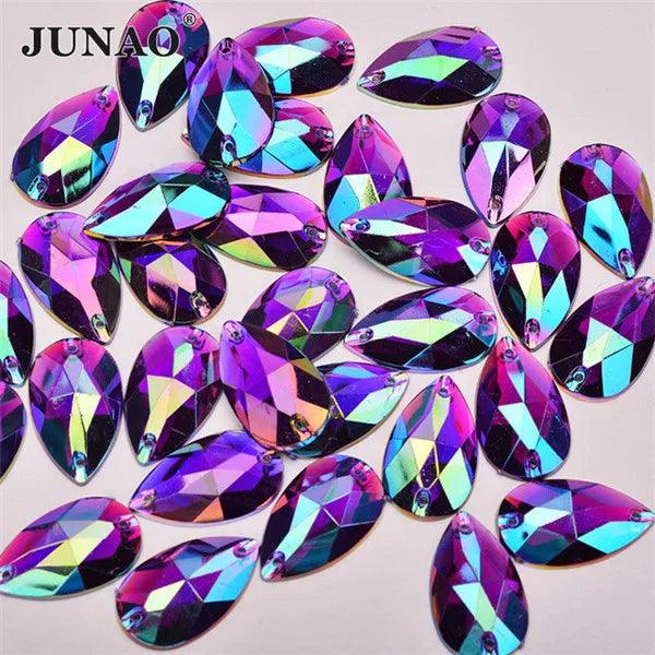 JUNAO 100pcs 17*28mm Sewing Red AB Teardrop Crystal Rhinestone Sew On Stones Flatback Acrylic Gems For Wedding Dress Decoration