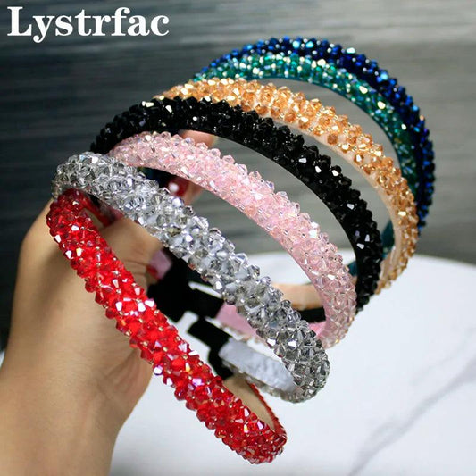 Lystrfac Solid Color Luxury Rhinestone Headband for Women Beads Bezel Shiny Hairband Girls Bride Wedding Hair Accessories