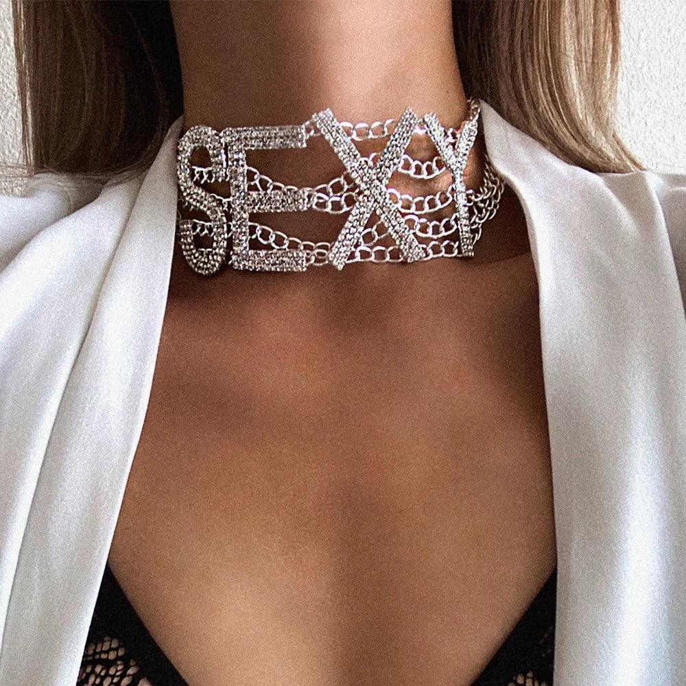 Rhinestone Choker Necklace Luxury Fashion Crystal Jewellery Sexy Word Chocker Bling  Glam Sparkly Women's Jewelry Accessories