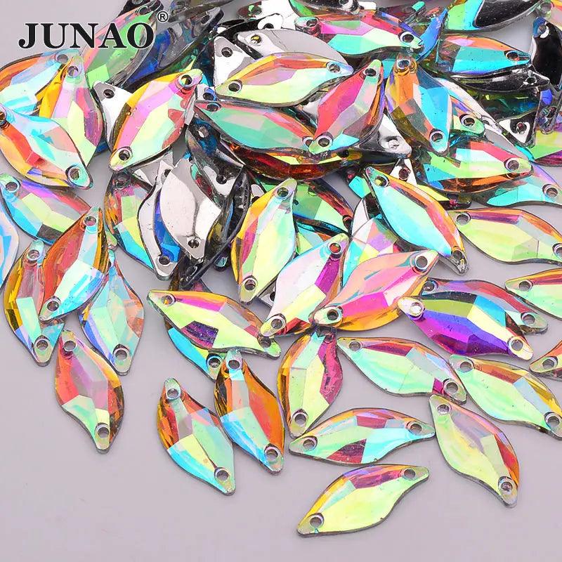 JUNAO 50pcs 7*21mm Sewing Crystal AB Rectangle Rhinestone Applique Flat Back Gems Acrylic Stone Sewn Crystal Strass for Needwork