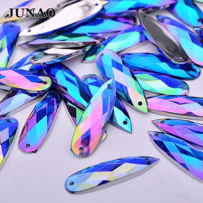 JUNAO 30pc 8*28mm Sewing Blue AB Drops Rhinestone Applique Flat Back Gems Sew On Acrylic Stone Strass Crystal Needlework Crafts