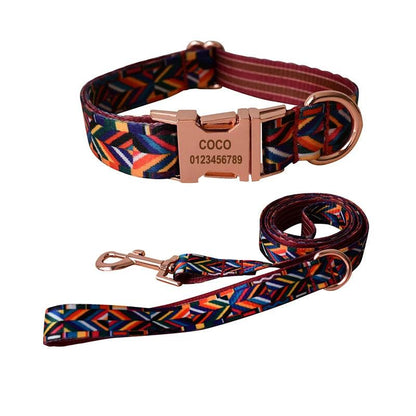 Ethnic style dog collar and leash set for Small Medium Large Dogs Custom Engraved Nameplate Pet Supplies Dog leash YH01