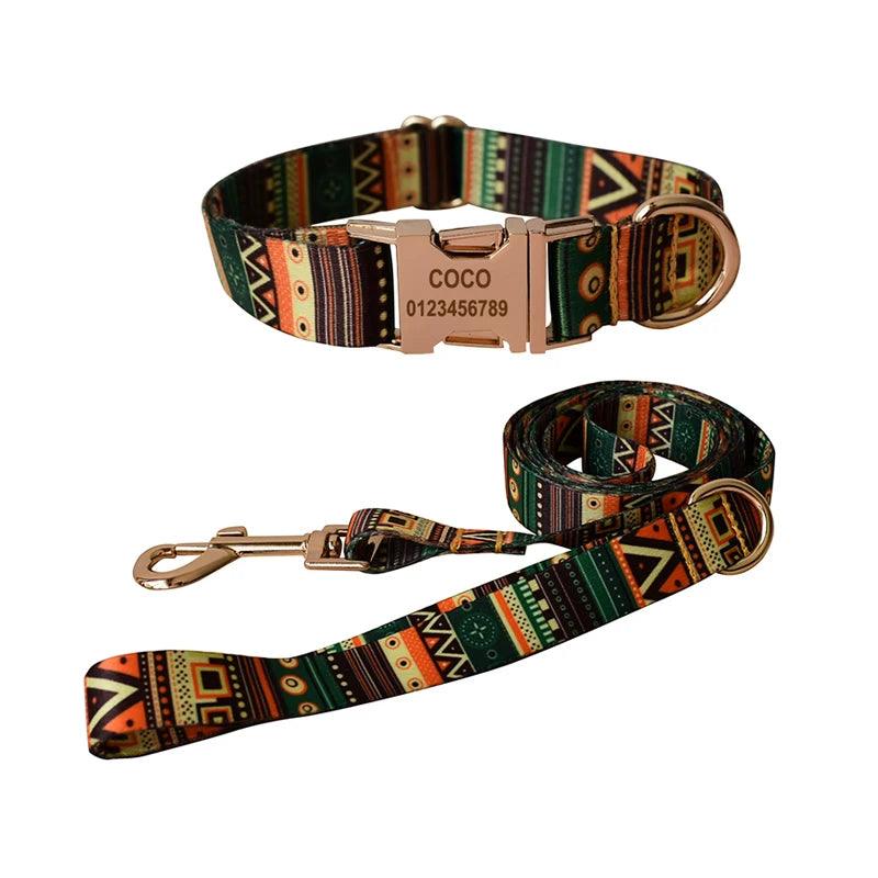 Ethnic style dog collar and leash set for Small Medium Large Dogs Custom Engraved Nameplate Pet Supplies Dog leash YH01