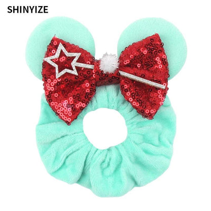 New Chic Disney Mickey Mouse Ears Hair Scrunchies Sequins 4"Bows Elastic Headband Women Velvet Girls DIY Hair Accessories Gift