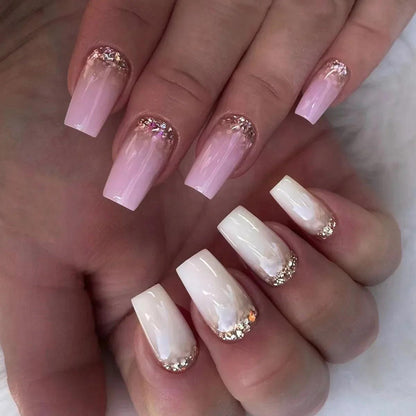 24Pcs Short Square Coffin False Nails Square Fake Nails with Glue French Glitter Wearable Acrylic Nails Set Press on Nail Tips