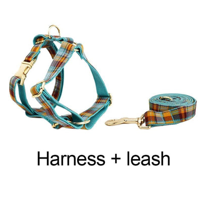 High Quality Custom Design Logo Cotton Pet Accessories Personalized Dog Collar Leashes Harness Bow Set Manufacturers Grid13-02