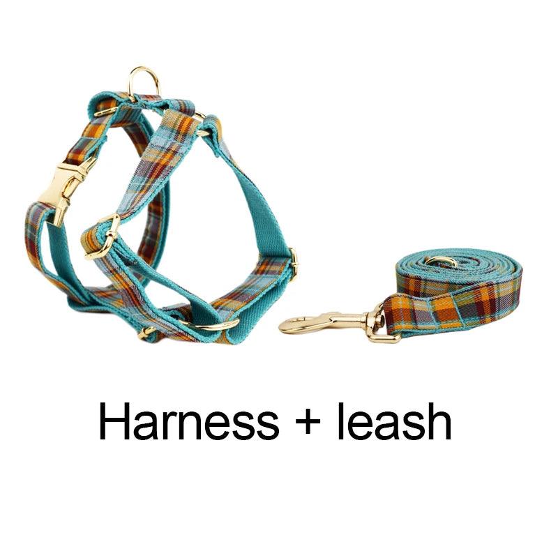 High Quality Custom Design Logo Cotton Pet Accessories Personalized Dog Collar Leashes Harness Bow Set Manufacturers Grid13-02