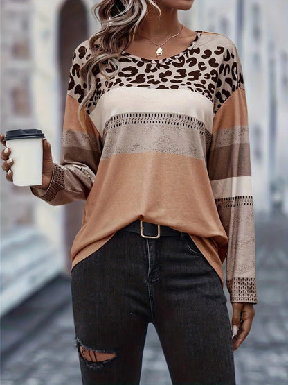 Plus Size Casual T-shirt Women's Plus Colorblock Leopard Print Long Sleeve Round Neck Slight Stretch T-shirt