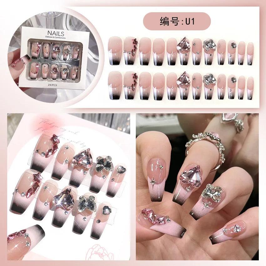 24Pcs Pink Full Diamond Press on Nail Tips Handmade 3D Design Rhinestones Full Cover False Long Coffin Nail Woman DIY Fake Nails