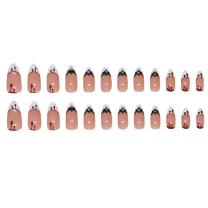 24Pcs Halloween False Nails with Almond Head Design Mid-length French Fake Nails Bat Wearable Oval Press on Nails Manicure Tools