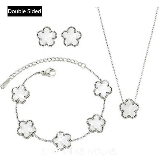 Double Sided Plant Flower Design Jewelry Set  for Women Girls Stainless Steel Elegant Clover Pendant Necklace Earrings Bracelet