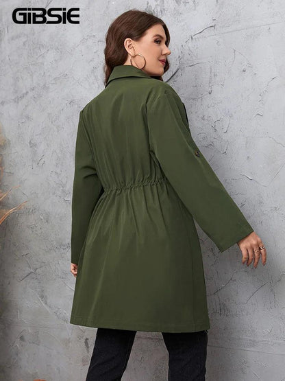 GIBSIE Plus Size Solid Notched Neck Trench Coat For Women 2023 Spring Fall Casual Drawstring Waist Female Buttons Long Coats