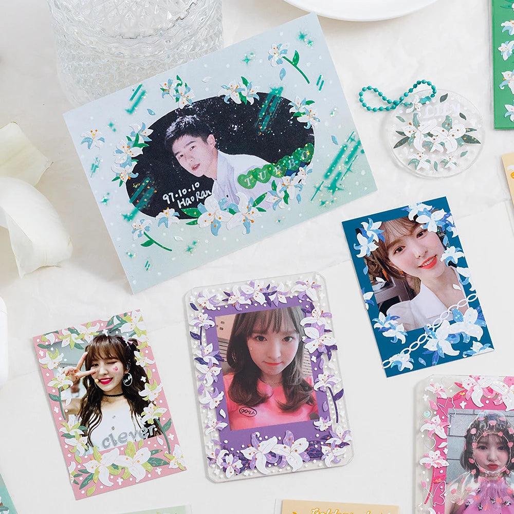 8 Sheets Kawaii Korean Lily Hologram Stickers - Decorate Kpop Toploaders Scrapbook Journals With Cute Shiny Floral Decals