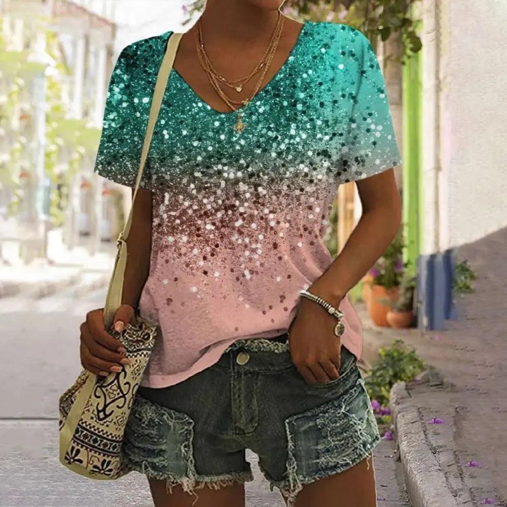 New Summer Breathable T-Shirt 3D Gold Glitter Sequin Printed V Neck Shirt Tops Women Street Luxury Oversized Tops Short Sleeve