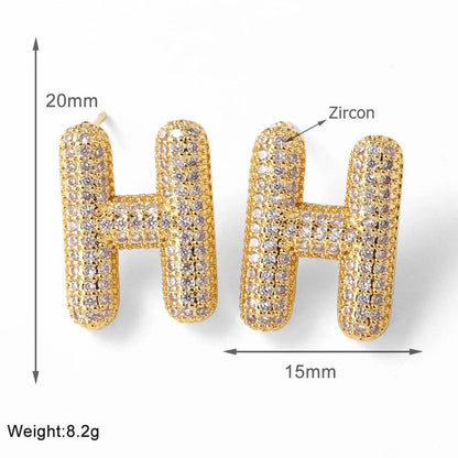 FLOLA Clear Crystal Bubble Letter Earrings for Women Copper Gold Plated Initial Ear Studs Name Jewelry Gifts ersa009