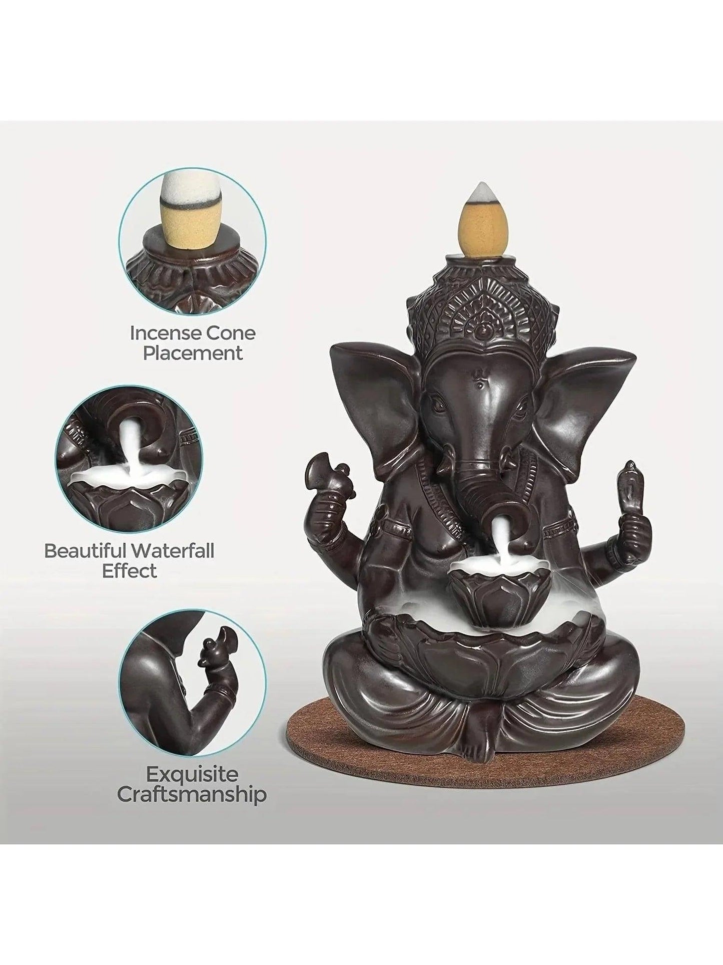 1pc Ganesha Waterfall Incense Burner, Ceramic Backflow Censer Incense Holder, Yoga Aromatherapy Elephant Ornament Home Decor - HighGloss Shop