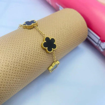 Double Sided Clover Bracelet for Women 14K Gold Plated Stainless Steel Lucky Five Leaf Link Bracelets Wrist Jewelry Lovely Gift