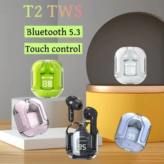 NEW T2 TWS Wireless Bluetooth Headset Transparent ENC Power Digital Display Stereo Sound Earphones for All Smartphone