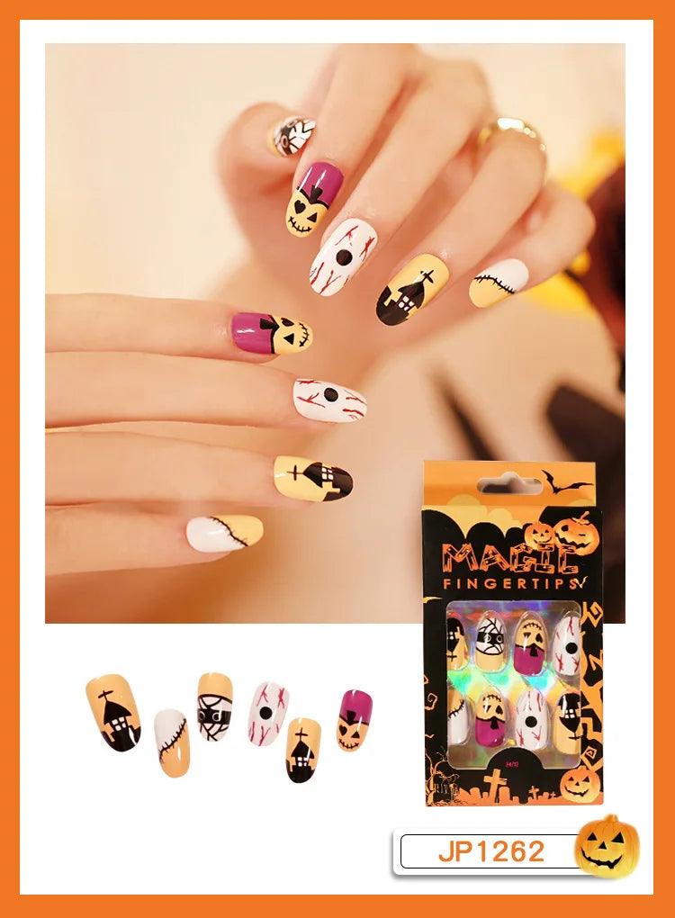 24pc/set Fashion Almond Press On Nails Art Halloween Black Ghost Design Fake Nail Pumpkin Castle Pattern Glossy False Nails Tips