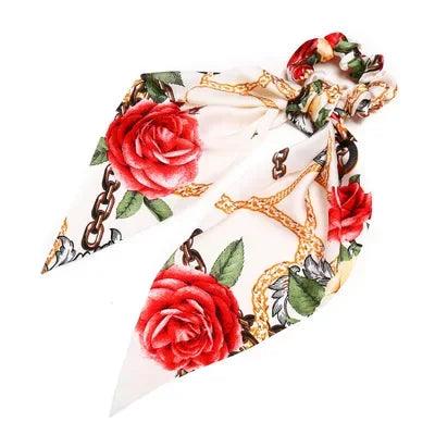 Floral Print Bow Satin Long Ribbon Ponytail Scarf Hair Tie Scrunchies Women Girls Elastic Hair Bands Hair Accessories