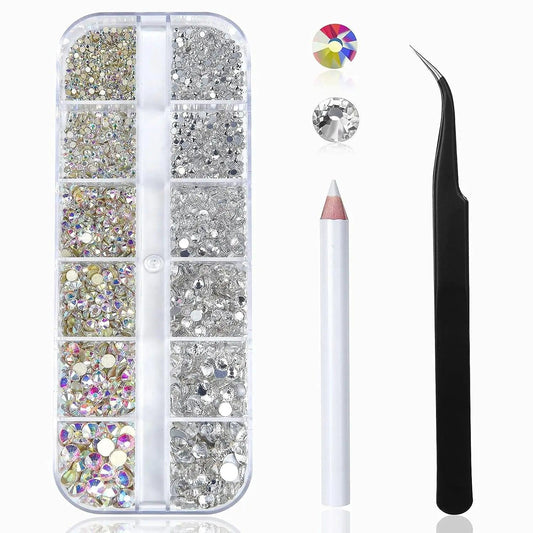 Nail Art Rhinestones Kit Nail Gems AB Glass Flatback Rhinestones Gems Stones, with 1 Storage Organizer Box/5 Pickers/1 Tweezers*