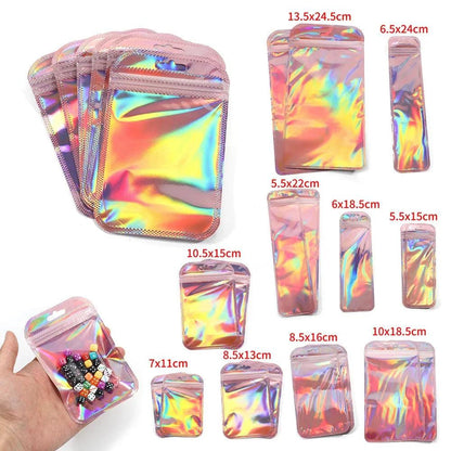 50pcs 100pcs Pink Laser Ziplock Bags Reusable Plastic Transparent Bags for Jewelry Packaging Cosmetic Retail Display Bags