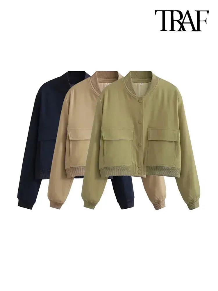 TRAF Women Fashion With Pockets Bomber Jacket Coats Vintage Long Sleeve Front Button Casual Female Outerwear Chic Tops