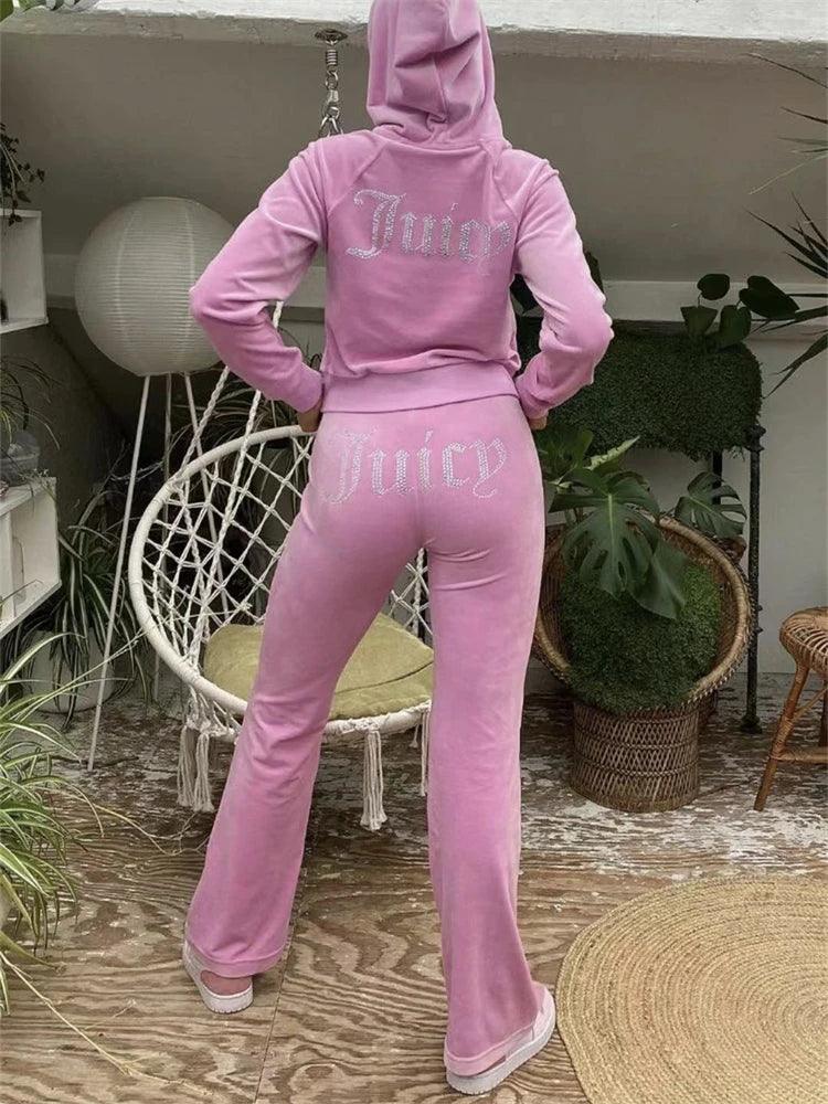 Kontturi Fall Streetwear Pink Tracksuit Diamond 2 Piece Sets Women Outfit Long Sleeve Cropped Hoodies Black Pants Matching Sets