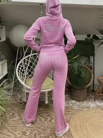 Kontturi Fall Streetwear Pink Tracksuit Diamond 2 Piece Sets Women Outfit Long Sleeve Cropped Hoodies Black Pants Matching Sets