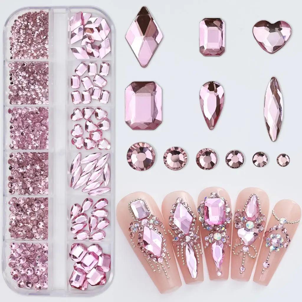 12Grids Pink Mixed Nail Rhinestones Luxury Nail Charms Glitter Crystal Jewelry Gems Nail Art Decoration Manicure Rhinestones R#Q