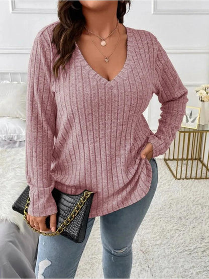 Women's Fashionable Solid Color Top V-neck Long Sleeved Pit Stripe Matte T-shirt Loose Fitting Fitting