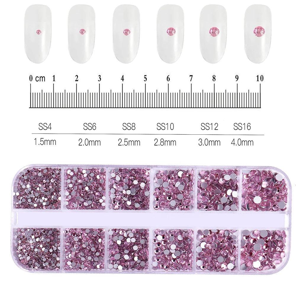 12Grids SS6-SS30 Mixed Nail Rhinestones Shiny Clear/Gold/Pink/Blue Diamond Flat-back Nail Gems Glass Stones Nails Decoration