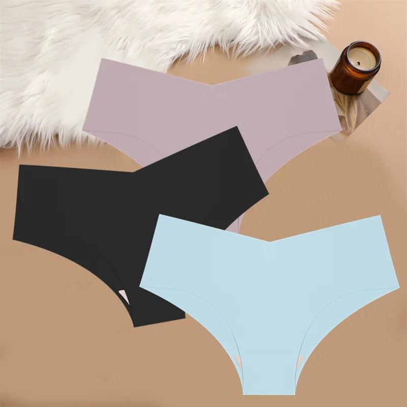 FINETOO 3PCS Ultra-thin Women's Seamless Underwear Panties Sexy V-Shaped Waist Briefs 10 Soild Colours Cozy Stretch Underpants