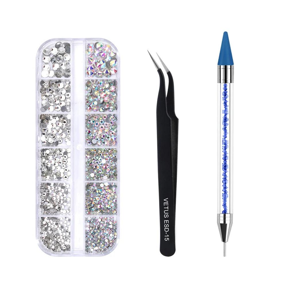 Multi-Size Nail Rhinestones 3D Crystal AB Diamonds Gems Makeup Beauty Nail Art Decorations With Picker Dotting Pen Tweezers Set