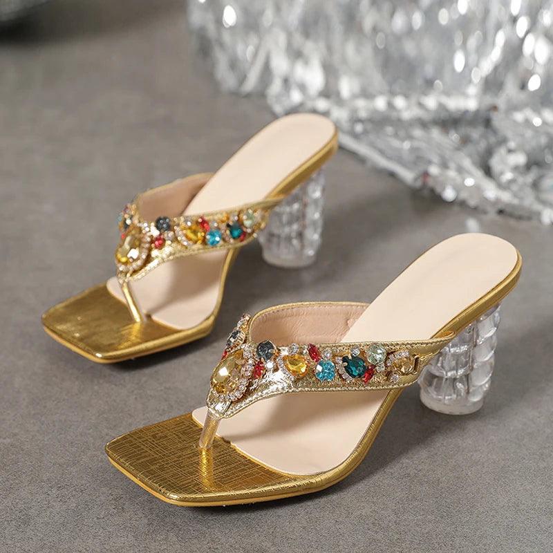 Liyke Fashion Colour Gem Rivet Women Slippers Sandals Transparent Strange Low Heels Slides Shoes Summer Beach Party Flip Flops