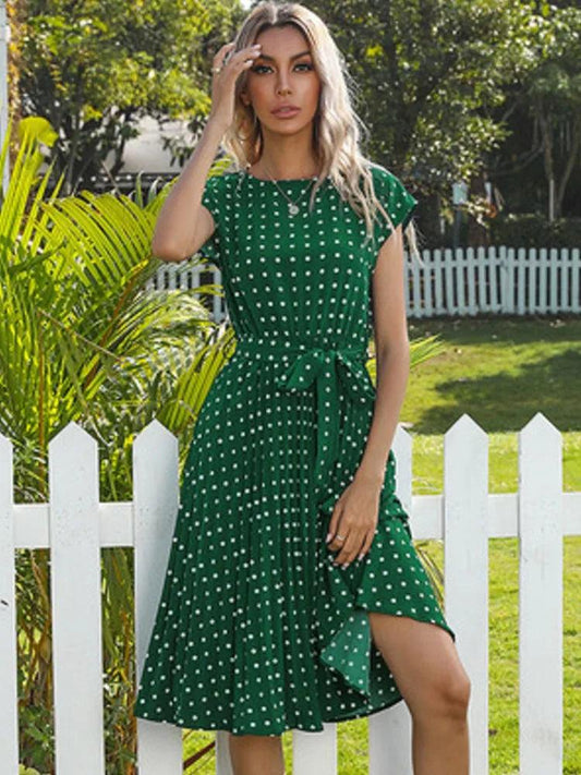 2022 New Summer Polka Dots Sleeveless Pleated Dresses For Women High Waist Midi Elegant Office Green Lady Dinner Party Clothes