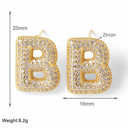 FLOLA Clear Crystal Bubble Letter Earrings for Women Copper Gold Plated Initial Ear Studs Name Jewelry Gifts ersa009