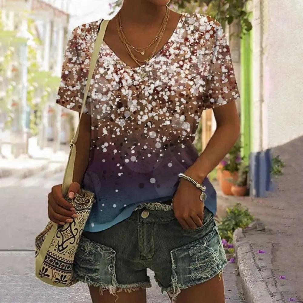 New Summer Breathable T-Shirt 3D Gold Glitter Sequin Printed V Neck Shirt Tops Women Street Luxury Oversized Tops Short Sleeve